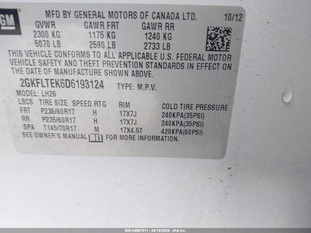 Продажа на аукционе авто 2013 Gmc Terrain Sle-2, vin: 2GKFLTEK6D6193124, номер лота: 44867911