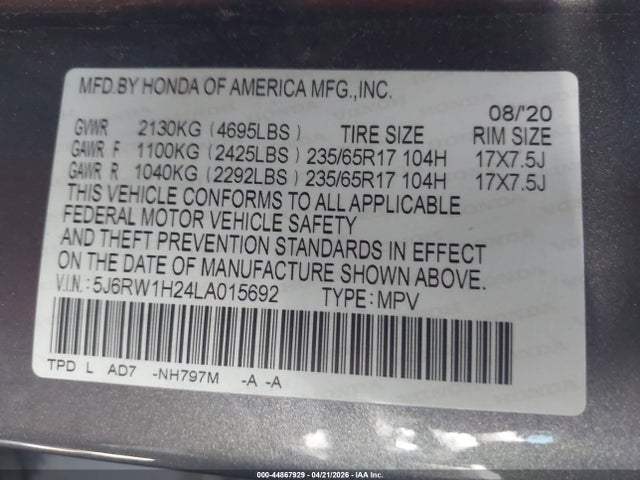 Продаж на аукціоні авто 2020 Honda Cr-v 2wd Lx, vin: 5J6RW1H24LA015692, номер лоту: 44867929