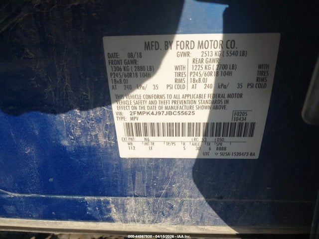 Продажа на аукционе авто 2018 Ford Edge Sel, vin: 2FMPK4J97JBC55625, номер лота: 44867930
