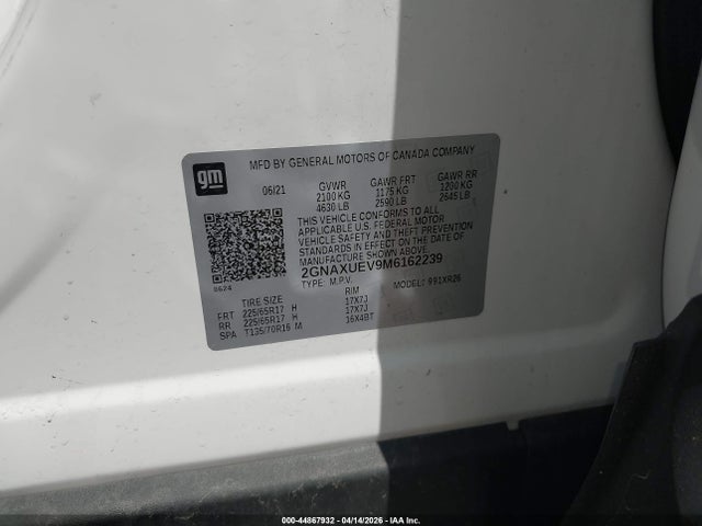 Aukcja sprzedaży 2021 Chevrolet Equinox Awd Lt, vin: 2GNAXUEV9M6162239, numer aukcji: 44867932