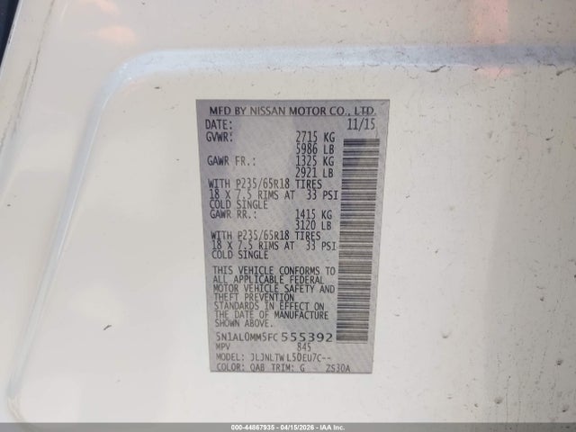 2015 Infiniti Qx60 მანქანა იყიდება აუქციონზე, vin: 5N1AL0MM5FC555392, აუქციონის ნომერი: 44867935