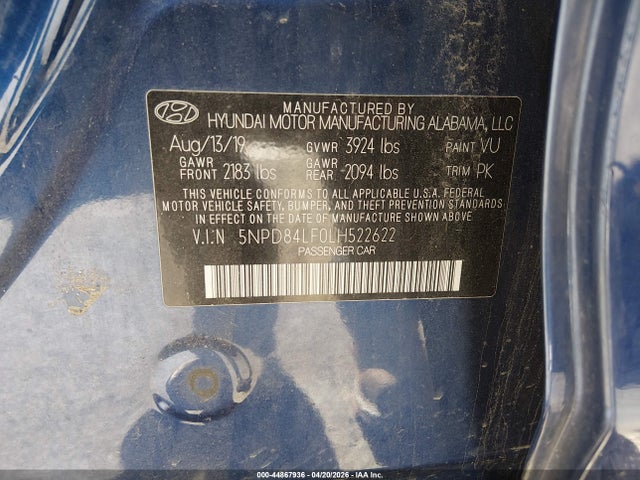 2020 Hyundai Elantra Value Edition მანქანა იყიდება აუქციონზე, vin: 5NPD84LF0LH522622, აუქციონის ნომერი: 44867936