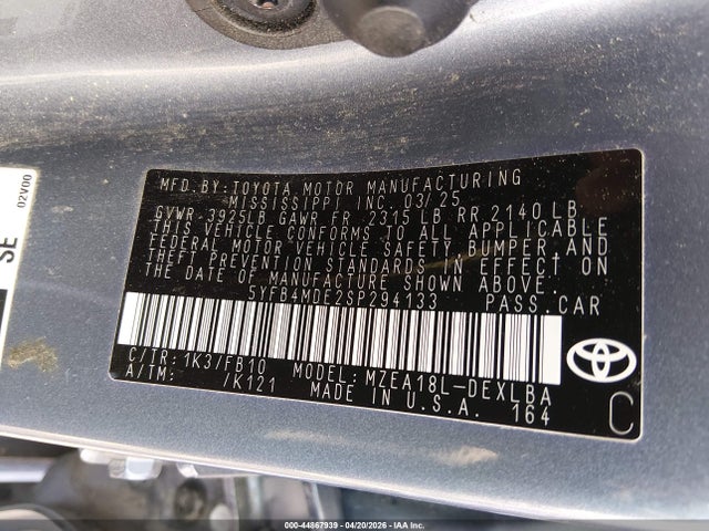 2025 Toyota Corolla Le მანქანა იყიდება აუქციონზე, vin: 5YFB4MDE2SP294133, აუქციონის ნომერი: 44867939