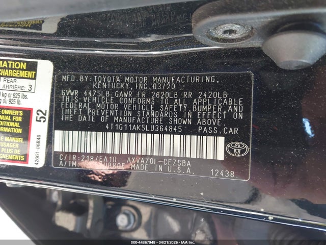 44867948 :رقم المزاد ، 4T1G11AK5LU364845 vin ، 2020 Toyota Camry Se مزاد بيع