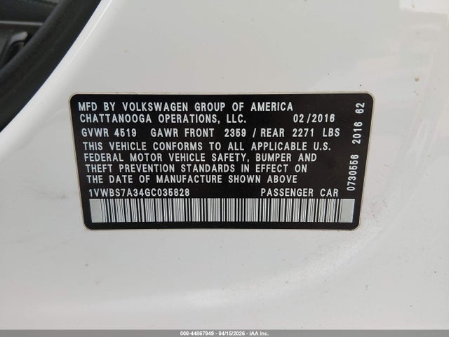 2016 Volkswagen Passat 1.8t Se მანქანა იყიდება აუქციონზე, vin: 1VWBS7A34GC035828, აუქციონის ნომერი: 44867949