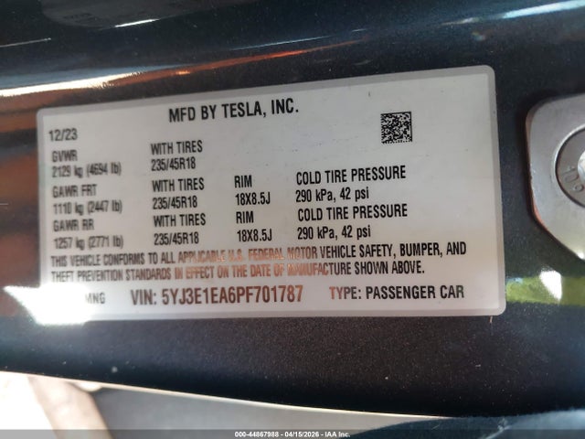 Auction sale of the 2023 Tesla Model 3 Rear-wheel Drive, vin: 5YJ3E1EA6PF701787, lot number: 44867988