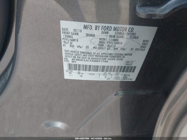Aukcja sprzedaży 2010 Ford Edge Sel, vin: 2FMDK3JC7ABB11744, numer aukcji: 44867999