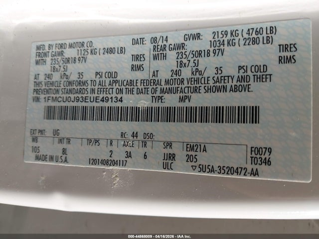 Aukcja sprzedaży 2014 Ford Escape Titanium, vin: 1FMCU0J93EUE49134, numer aukcji: 44868009
