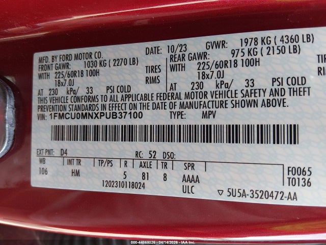 2023 Ford Escape St-line მანქანა იყიდება აუქციონზე, vin: 1FMCU0MNXPUB37100, აუქციონის ნომერი: 44868026