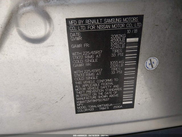 Aukcja sprzedaży 2019 Nissan Rogue Sv, vin: KNMAT2MT8KP507637, numer aukcji: 44868028