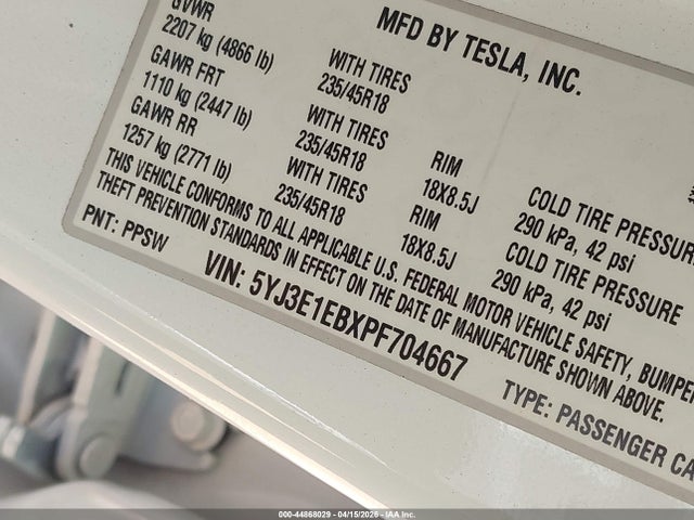 Aukcja sprzedaży 2023 Tesla Model 3 Long Range Dual Motor All-wheel Drive, vin: 5YJ3E1EBXPF704667, numer aukcji: 44868029
