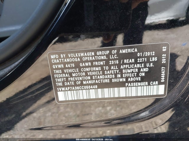 Продаж на аукціоні авто 2012 Volkswagen Passat 2.5l S, vin: 1VWAP7A36CC050449, номер лоту: 44868035