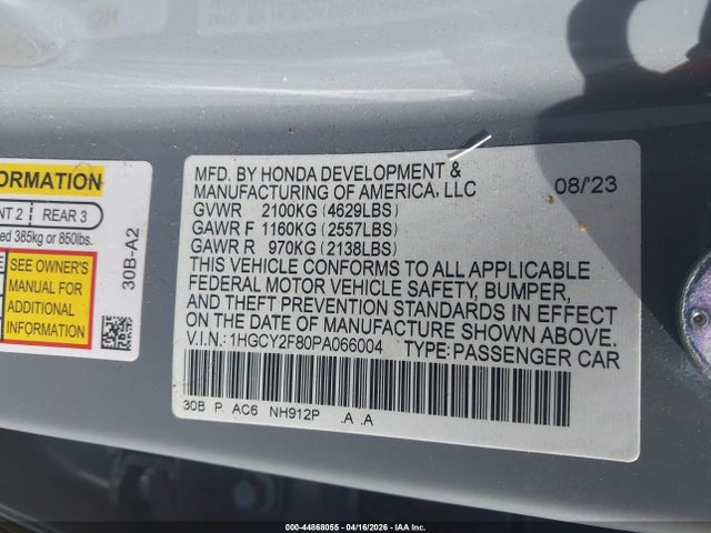 Продаж на аукціоні авто 2023 Honda Accord Hybrid Touring, vin: 1HGCY2F80PA066004, номер лоту: 44868055
