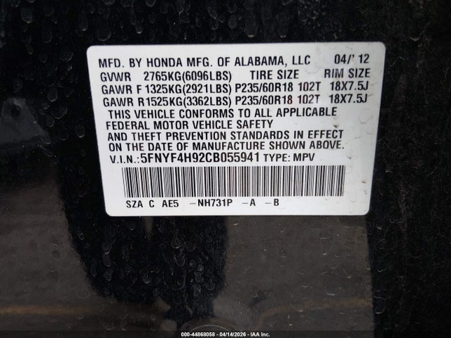 44868058 :رقم المزاد ، 5FNYF4H92CB055941 vin ، 2012 Honda Pilot Touring مزاد بيع