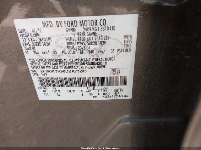 2013 Ford Edge Limited მანქანა იყიდება აუქციონზე, vin: 2FMDK3K96DBA73205, აუქციონის ნომერი: 44868061