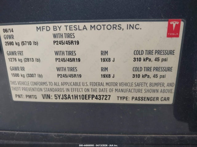 2014 TESLA MODEL S 5YJSA1H10EFP43727 Photo 8