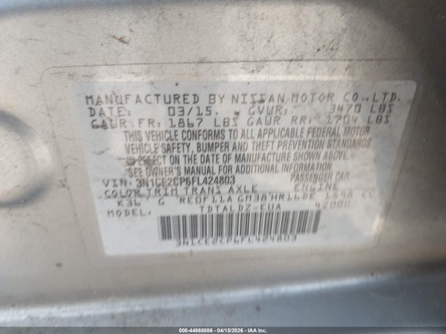44868086 :رقم المزاد ، 3N1CE2CP6FL424803 vin ، 2015 Nissan Versa Note S (sr)/s Plus/sl/sr/sv مزاد بيع