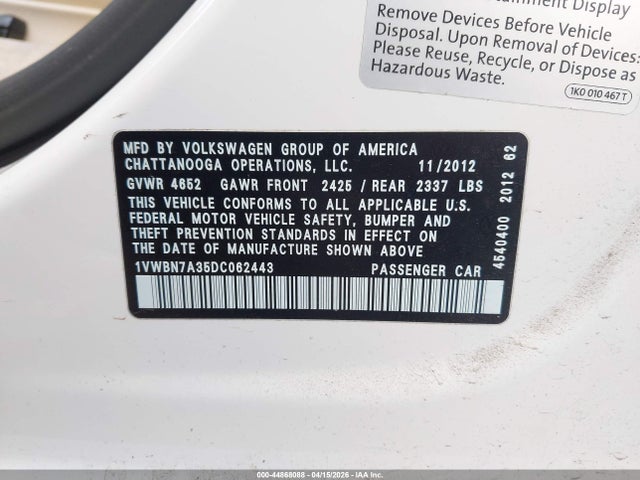 Продаж на аукціоні авто 2013 Volkswagen Passat 2.0l Tdi Se, vin: 1VWBN7A35DC062443, номер лоту: 44868088