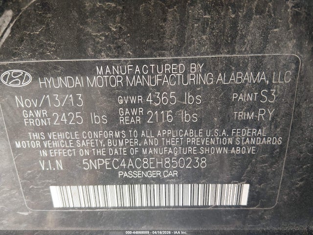 Продаж на аукціоні авто 2014 Hyundai Sonata Se, vin: 5NPEC4AC8EH850238, номер лоту: 44868089