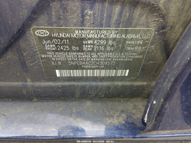Aukcja sprzedaży 2012 Hyundai Sonata Gls, vin: 5NPEB4AC2CH309573, numer aukcji: 44868109