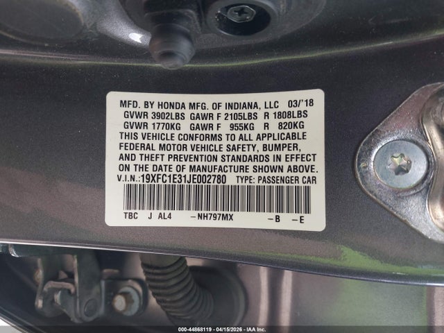 Aukcja sprzedaży 2018 Honda Civic Ex-t, vin: 19XFC1E31JE002780, numer aukcji: 44868119