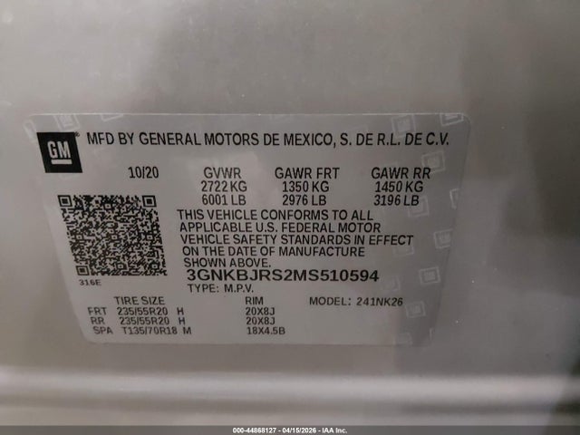 Aukcja sprzedaży 2021 Chevrolet Blazer Awd 3lt, vin: 3GNKBJRS2MS510594, numer aukcji: 44868127