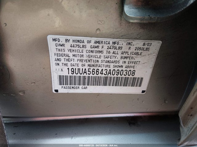 44868128 :رقم المزاد ، 19UUA56643A090308 vin ، 2003 Acura Tl 3.2 مزاد بيع