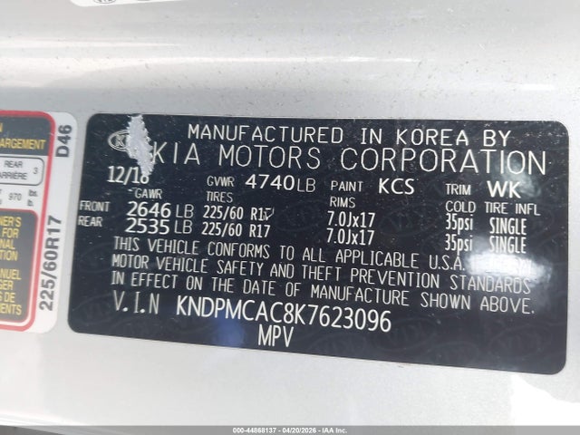 Aukcja sprzedaży 2019 Kia Sportage Lx, vin: KNDPMCAC8K7623096, numer aukcji: 44868137