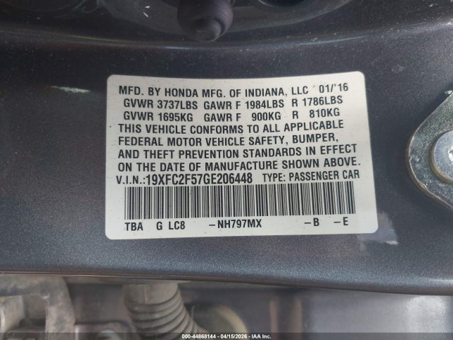 Продаж на аукціоні авто 2016 Honda Civic Lx, vin: 19XFC2F57GE206448, номер лоту: 44868144