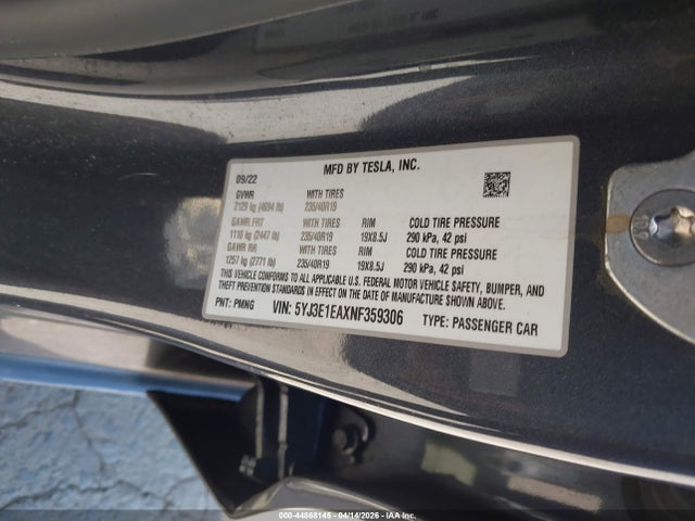44868145 :رقم المزاد ، 5YJ3E1EAXNF359306 vin ، 2022 Tesla Model 3 Rear-wheel Drive مزاد بيع