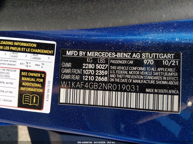 44868156 :رقم المزاد ، W1KAF4GB2NR019031 vin ، 2022 Mercedes-benz C 300 Sedan مزاد بيع