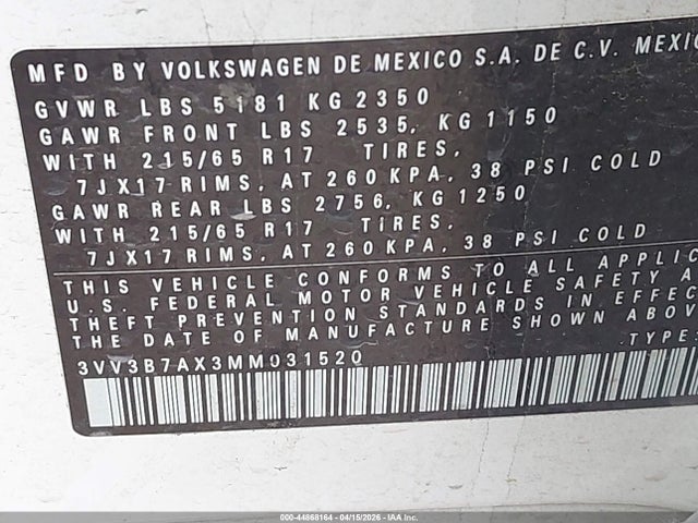2021 Volkswagen Tiguan 2.0t Se/2.0t Se R-line Black/2.0t Sel მანქანა იყიდება აუქციონზე, vin: 3VV3B7AX3MM031520, აუქციონის ნომერი: 44868164