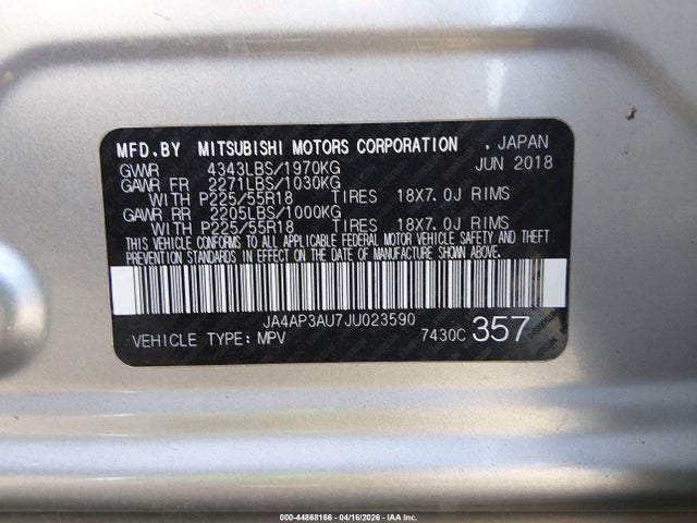 Aukcja sprzedaży 2018 Mitsubishi Outlander Sport 2.0 Es/2.0 Le, vin: JA4AP3AU7JU023590, numer aukcji: 44868166