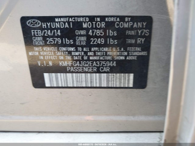 KMHFG4JG2EA375944 Hyundai Azera