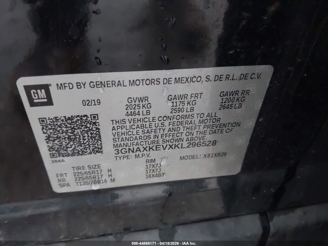 Продажа на аукционе авто 2019 Chevrolet Equinox Lt, vin: 3GNAXKEVXKL296528, номер лота: 44868171
