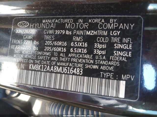 Auction sale of the 2021 Hyundai Kona Se, vin: KM8K12AA8MU616483, lot number: 44868175