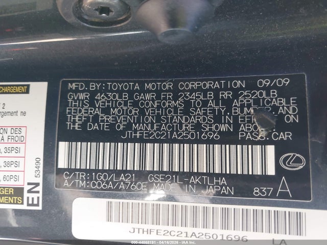 44868191 :رقم المزاد ، JTHFE2C21A2501696 vin ، 2010 Lexus Is 350c مزاد بيع