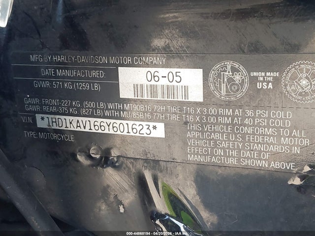 Aukcja sprzedaży 2006 Harley-davidson Flhx, vin: 1HD1KAV166Y601623, numer aukcji: 44868194