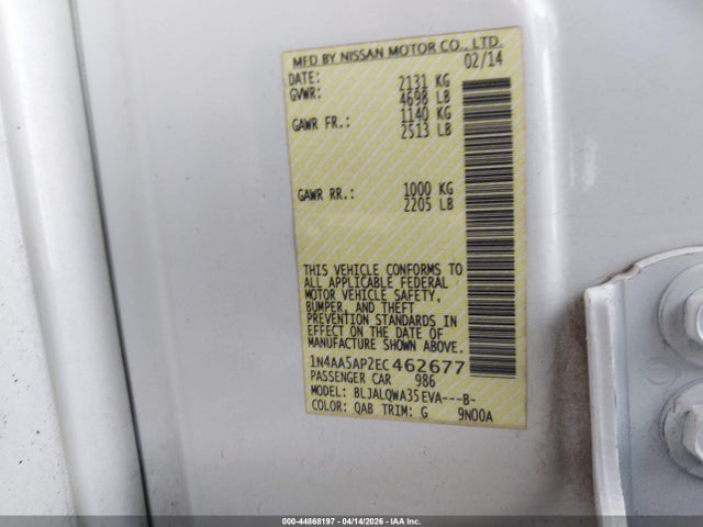 Продаж на аукціоні авто 2014 Nissan Maxima 3.5 S/3.5 Sv, vin: 1N4AA5AP2EC462677, номер лоту: 44868197