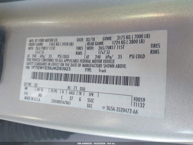 44868202 :رقم المزاد ، 1FTEW1E59JKD93923 vin ، 2018 Ford F-150 Xlt مزاد بيع