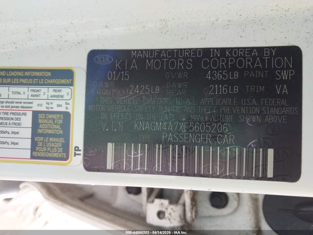 Продажа на аукционе авто 2015 Kia Optima Lx, vin: KNAGM4A7XF5605206, номер лота: 44868203