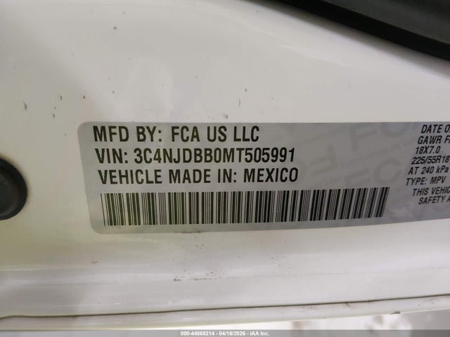 Продаж на аукціоні авто 2021 Jeep Compass Altitude 4x4, vin: 3C4NJDBB0MT505991, номер лоту: 44868214