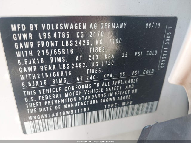 2011 VOLKSWAGEN TIGUAN WVGAV7AX1BW511187 Photo 8