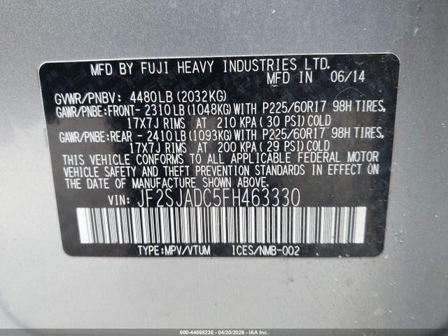 2015 Subaru Forester 2.5i Premium მანქანა იყიდება აუქციონზე, vin: JF2SJADC5FH463330, აუქციონის ნომერი: 44868230