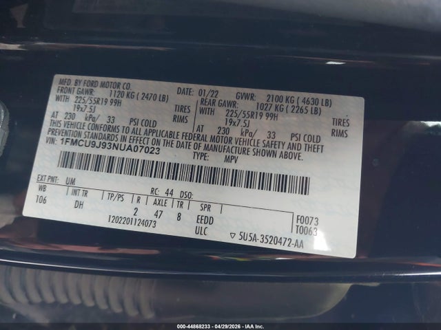 44868233 :رقم المزاد ، 1FMCU9J93NUA07023 vin ، 2022 Ford Escape Titanium مزاد بيع