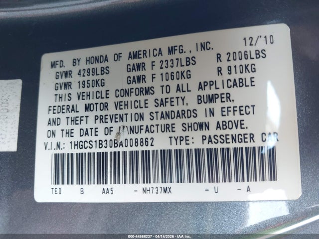 44868237 :رقم المزاد ، 1HGCS1B30BA008862 vin ، 2011 Honda Accord 2.4 Lx-s مزاد بيع