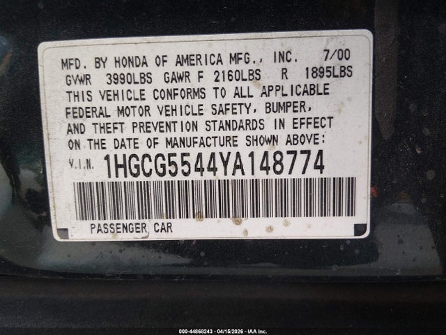 Продаж на аукціоні авто 2000 Honda Accord 2.3 Lx, vin: 1HGCG5544YA148774, номер лоту: 44868243
