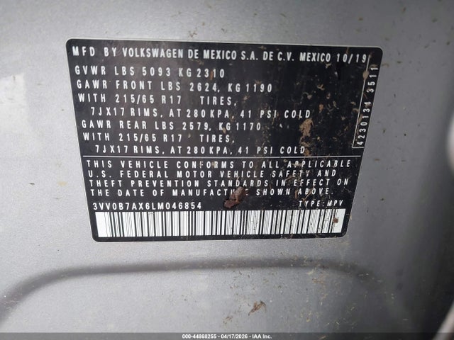 Aukcja sprzedaży 2020 Volkswagen Tiguan 2.0t S, vin: 3VV0B7AX6LM046854, numer aukcji: 44868255