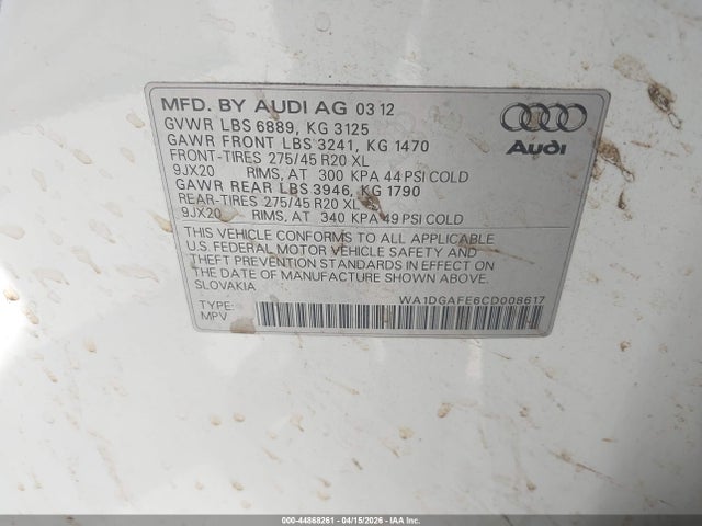 44868261 :رقم المزاد ، WA1DGAFE6CD008617 vin ، 2012 Audi Q7 3.0t S Line Prestige مزاد بيع