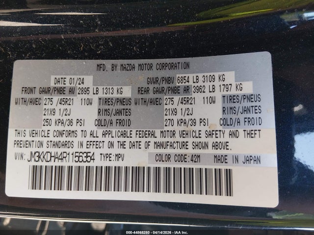 Aukcja sprzedaży 2024 Mazda Cx-90 Phev Premium, vin: JM3KKDHA4R1156354, numer aukcji: 44868280